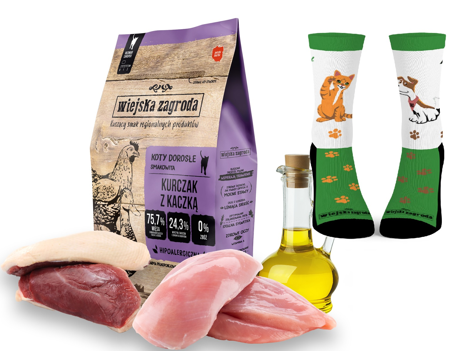 Karma dla kotów, surowe mięso, oliwa z oliwek i skarpetki.