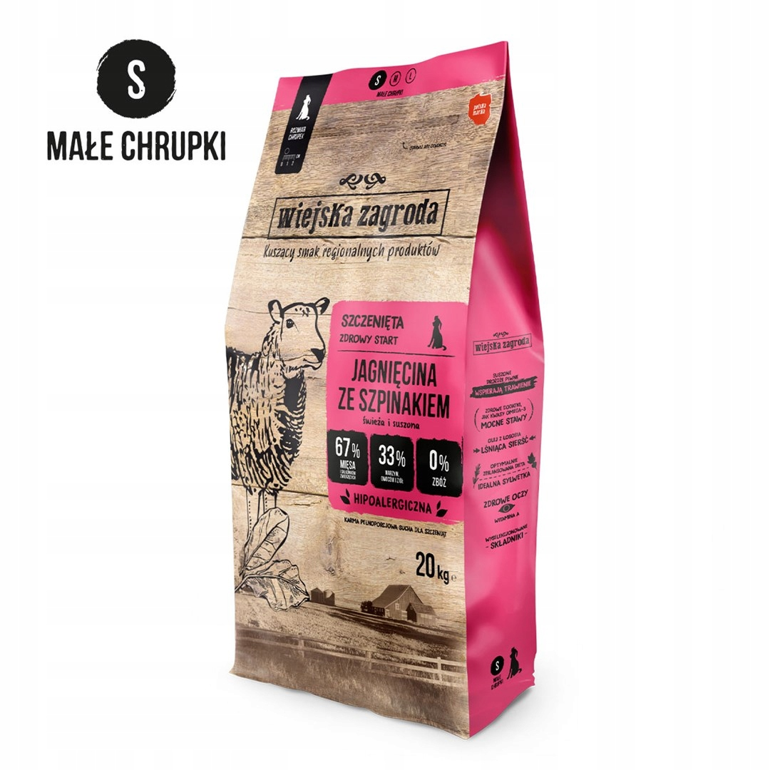Worek karmy dla szczeniąt jagnięcina ze szpinakiem, 20 kg. Ilustracja owcy.