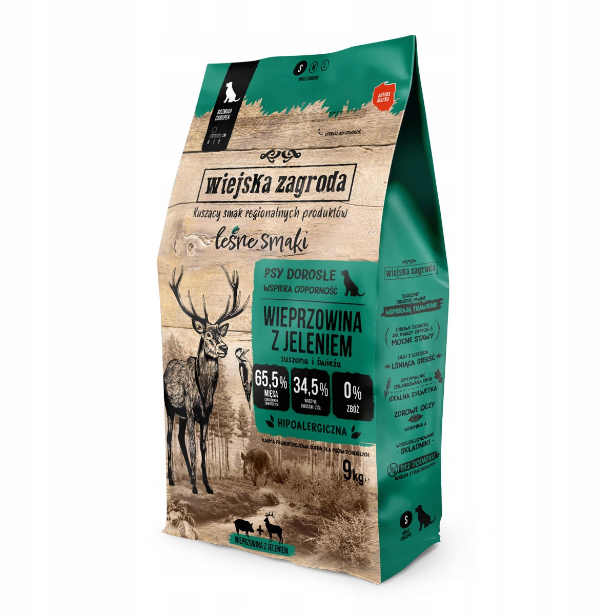 Torebka karmy dla psów z jeleniem i dzikiem, produkty regionalne, smaki leśne.