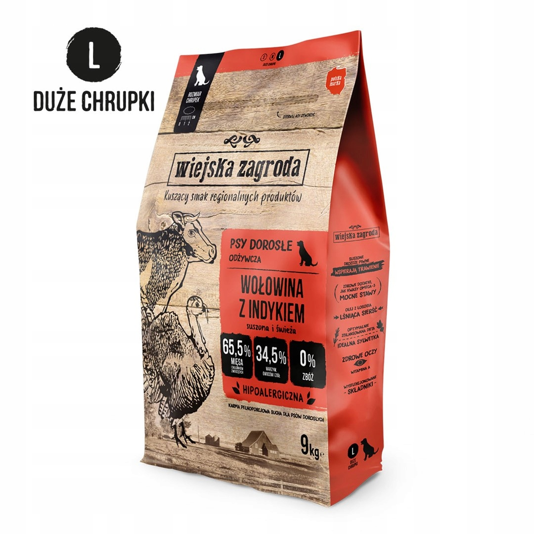 Czerwony worek karmy dla psów o smaku wołowiny z indykiem, rozm. L.