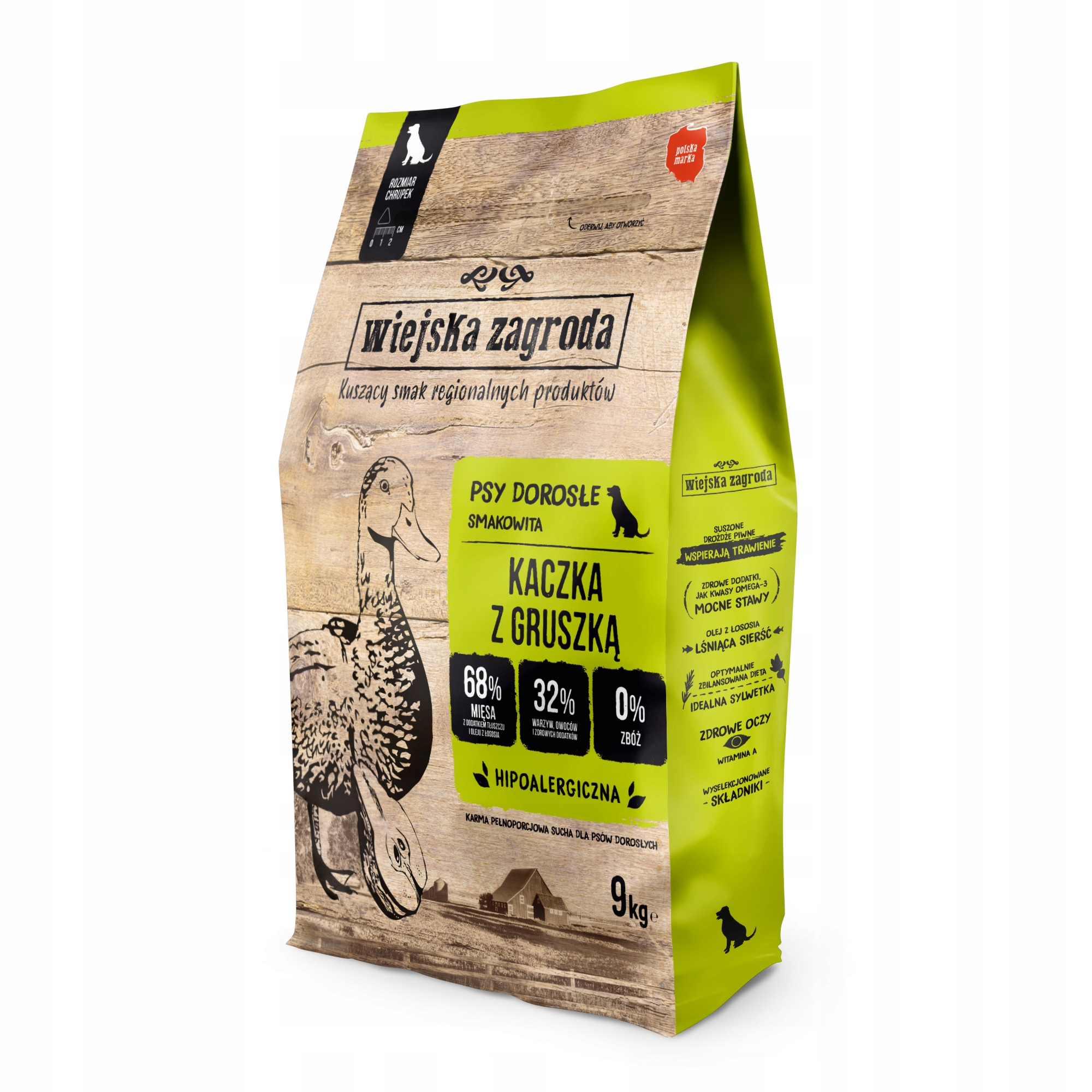 Torba 9 kg karmy dla psów o smaku kaczki i gruszki, z ilustracją kaczki i sceną wiejską.