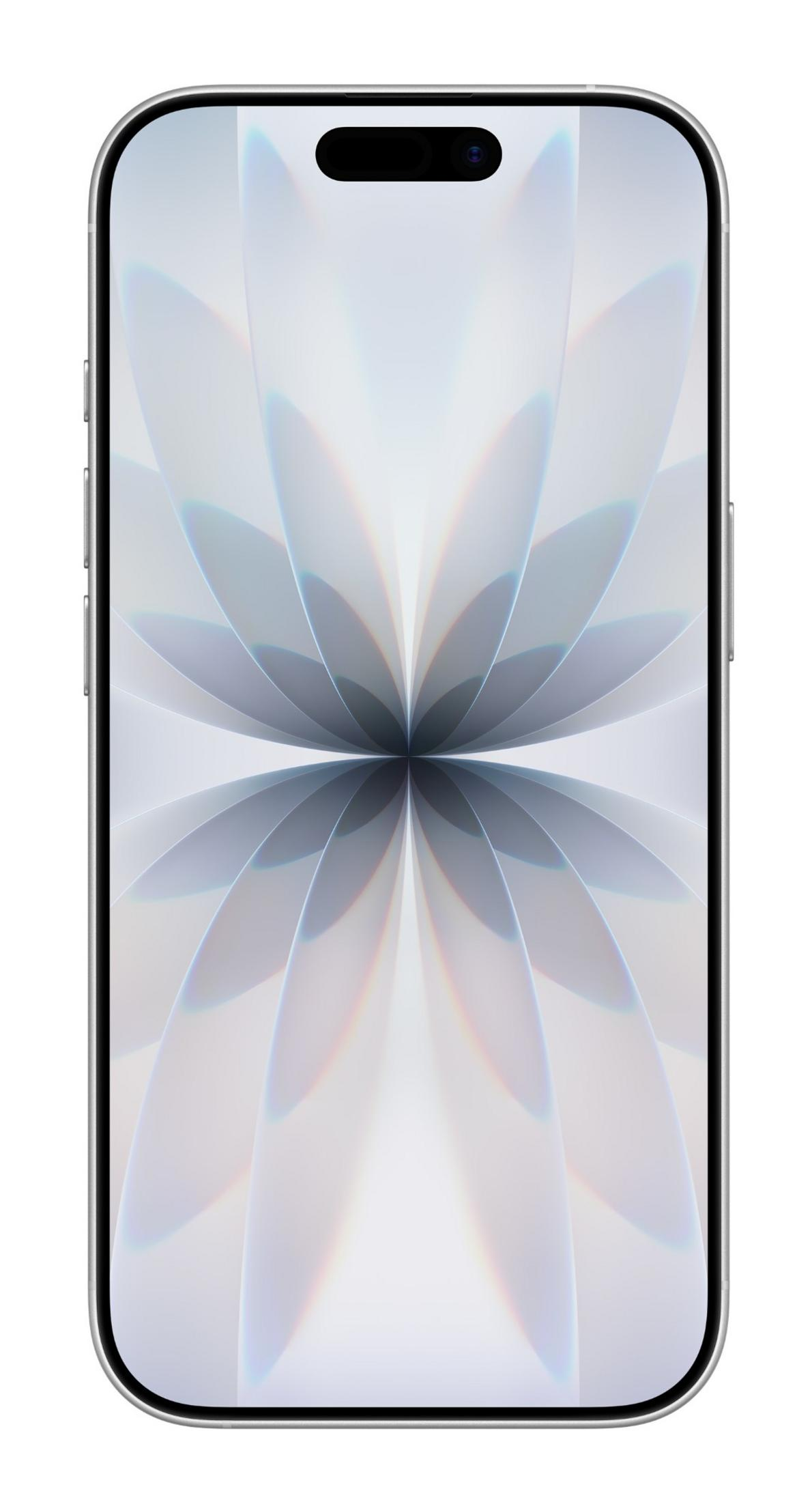 Ein silbernes Smartphone mit einem abstrakten, blütenartigen Hintergrund.