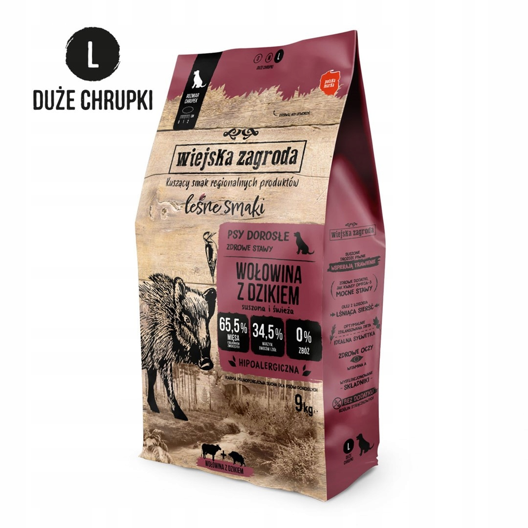 Torba z karmą dla psów z ilustracją dzika i wołowiny, tekst po polsku.
