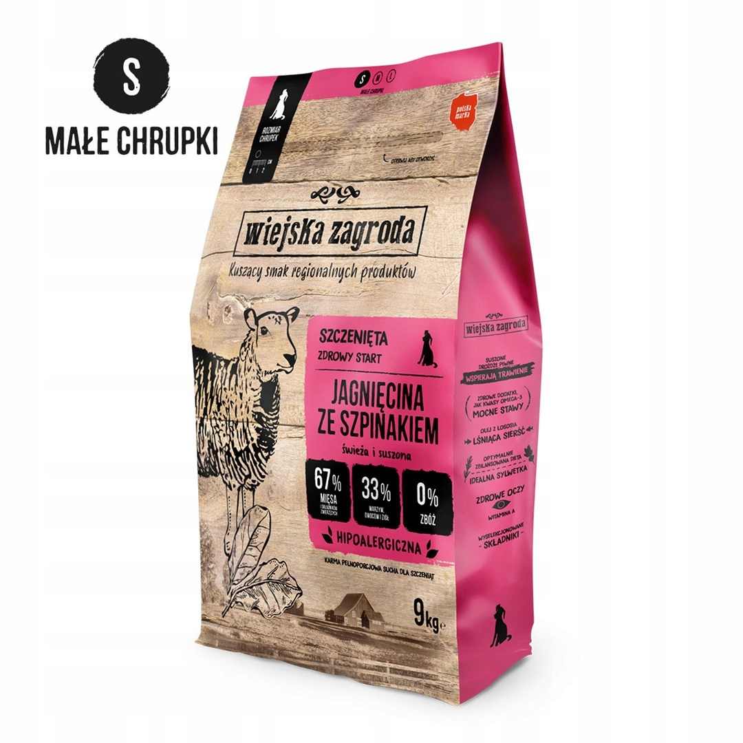 Karma dla psów: Jagnięcina ze szpinakiem dla szczeniąt. Torebka 9kg z ilustracją owcy.