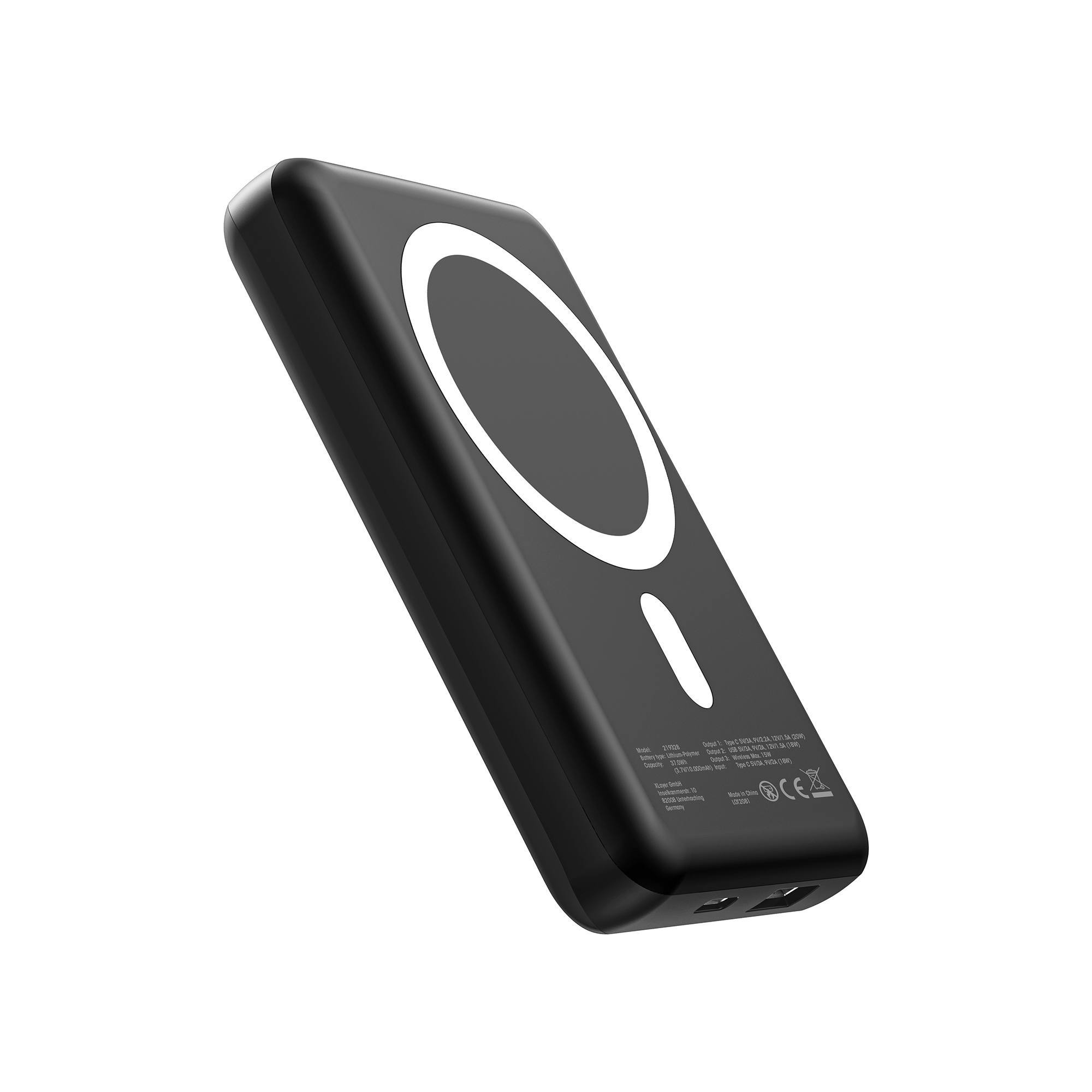 Schwarzes Powerbank mit weißem Ladekreis und USB-Anschlüssen.