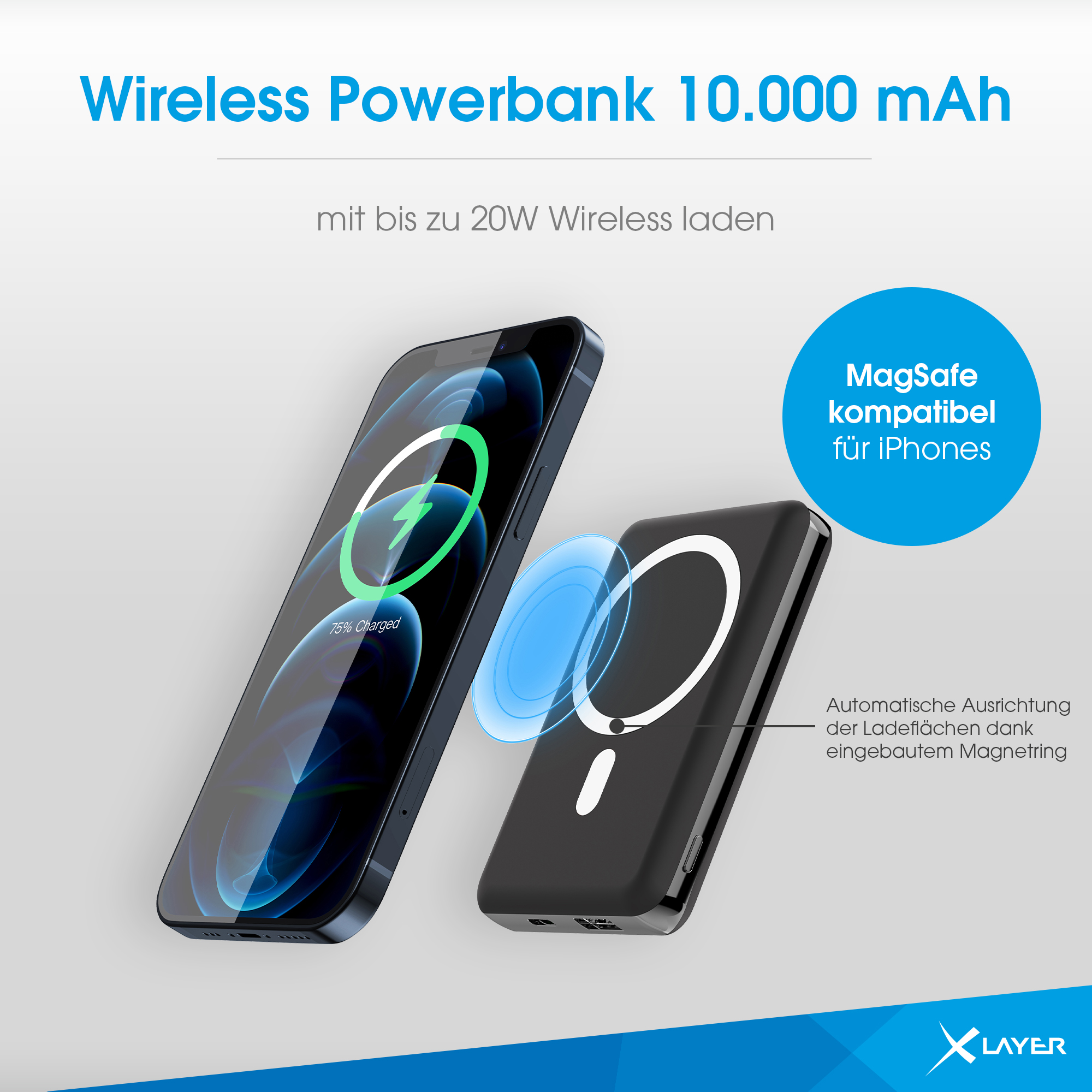 Ein iPhone wird kabellos von einer schwarzen Powerbank geladen.