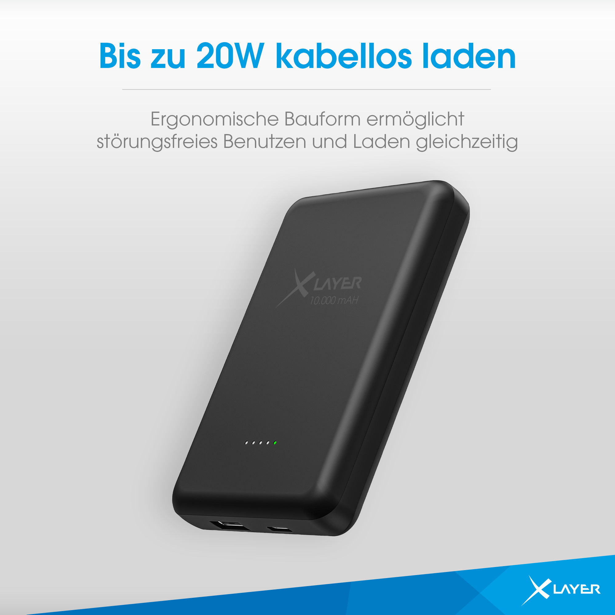 Schwarzes Ladegerät mit 10.000 mAh, lädt bis zu 20W kabellos.