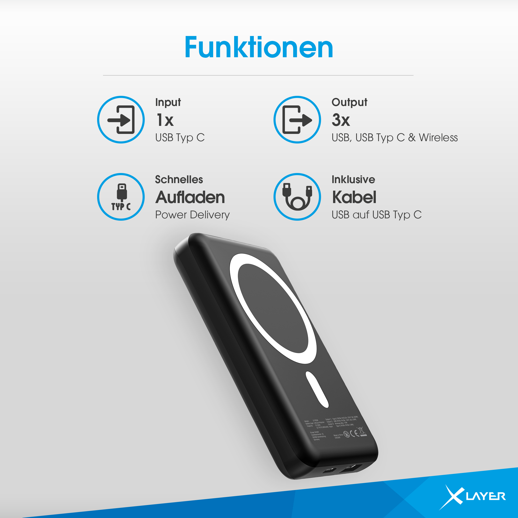 Schwarzes Powerbank mit Icons für Input, Output, schnelles Aufladen und Kabel.