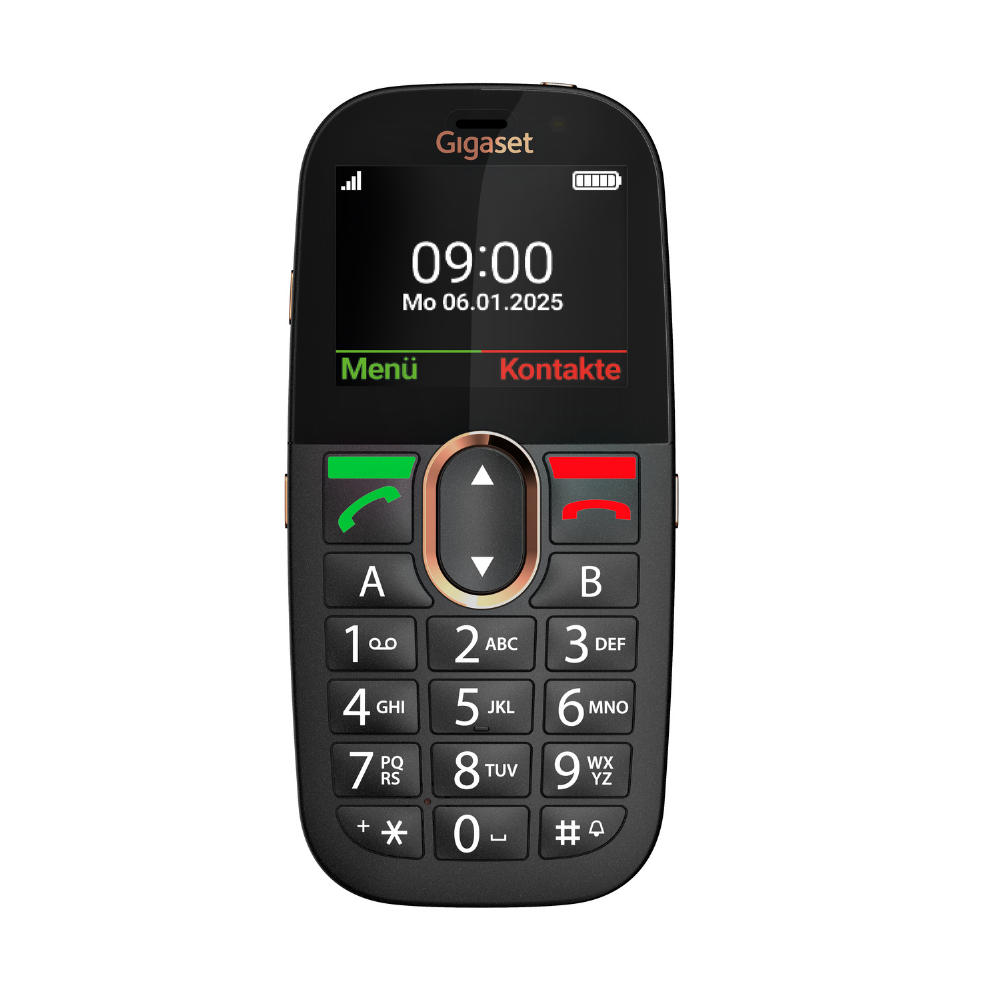 Ein schwarzes Gigaset-Mobilteil mit schwarzer Tastatur und beleuchtetem Display.