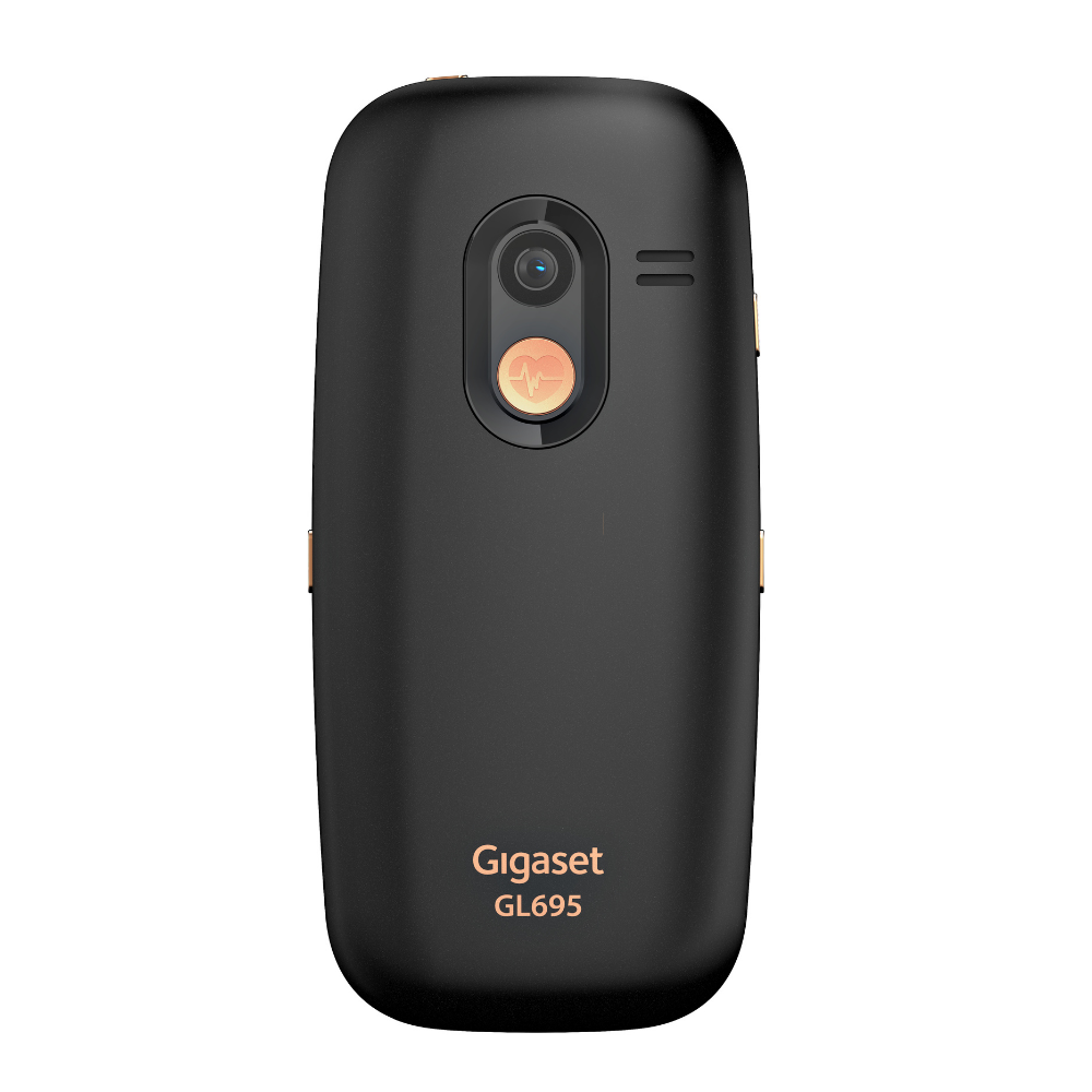 Schwarzes Gigaset GL695 Handy mit Kamera und Herz-Symbol auf der Rückseite.