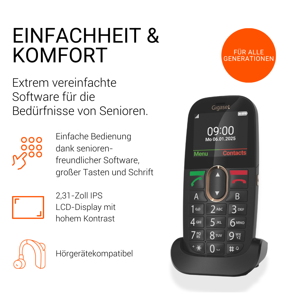 Ein Gigaset-Telefon mit Ladeschale, Zeit 09:00, Datum 06.01.2025.