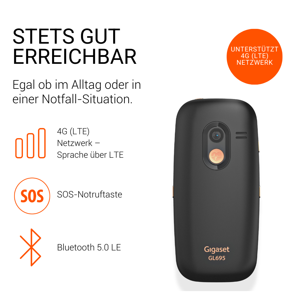 Schwarzes Gigaset GL695 Handy mit Kamera, SOS-Symbol, Signalbalken und Bluetooth-Symbol.