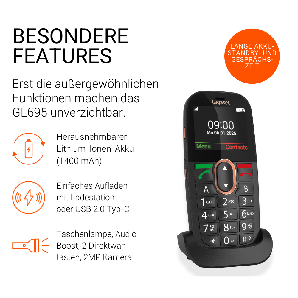 Ein schwarzes Gigaset-Telefon mit Lade-Dock. Symbole für Akku, Reichweite und Taschenlampe.