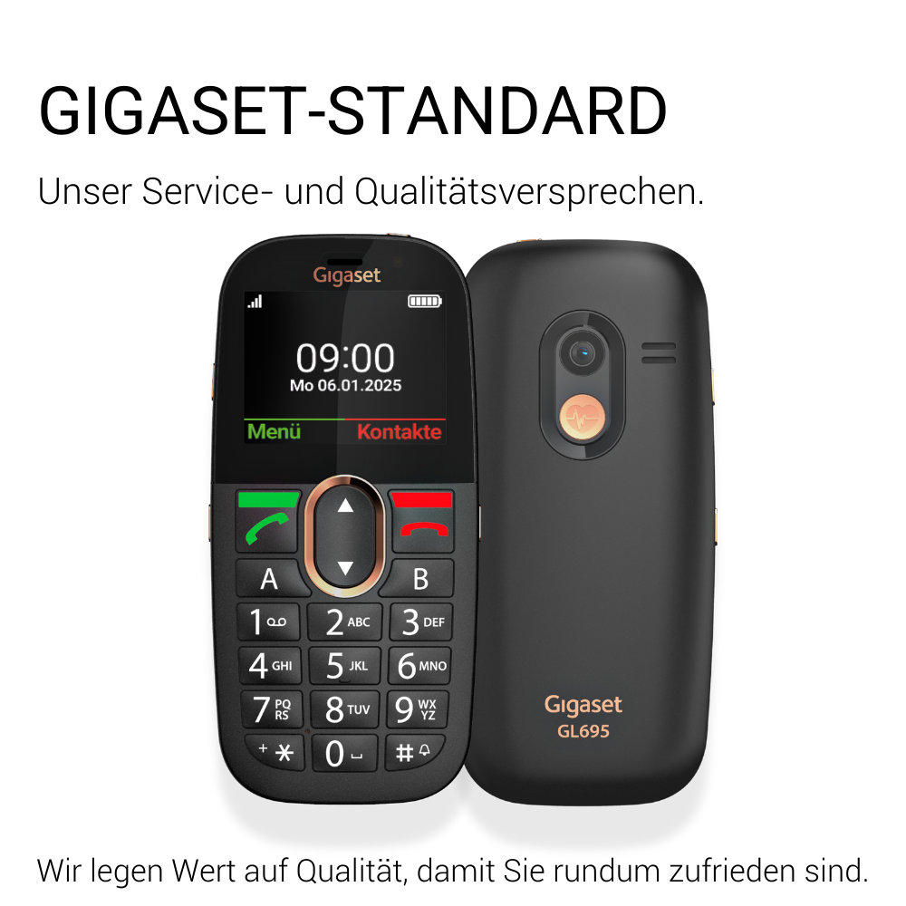 Ein schwarzes Gigaset GL695 Handy mit Tastatur und Bildschirm. Es zeigt 09:00 Uhr an.