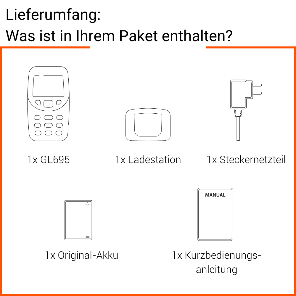Ein Netzteil, ein Bügel, eine Batterie und eine Anleitung sind dargestellt.