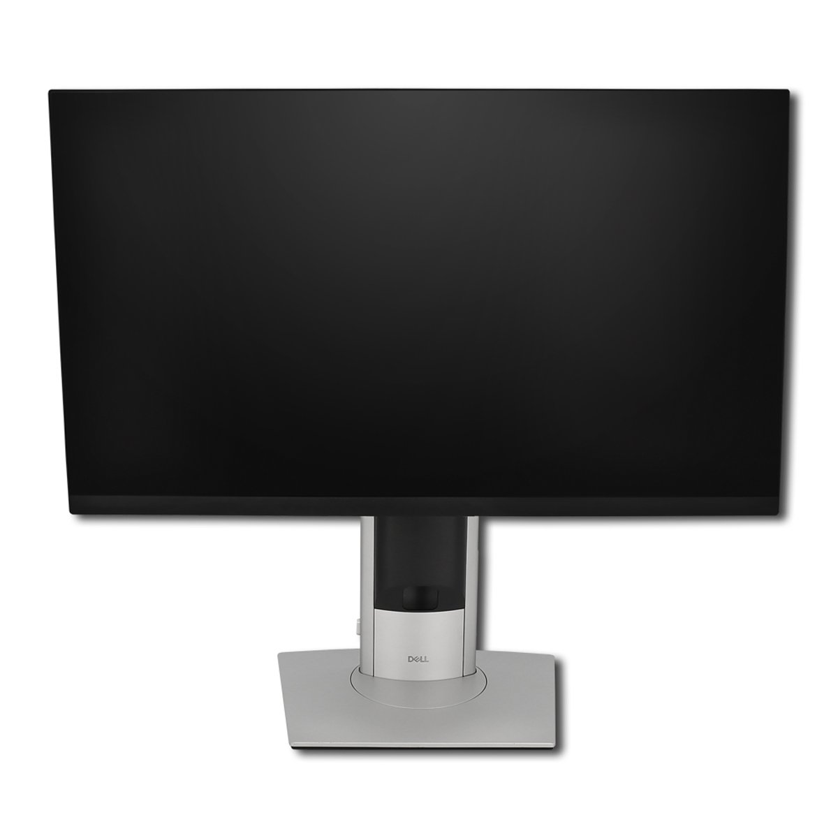 Un monitor per computer Dell nero su supporto argentato su sfondo bianco.