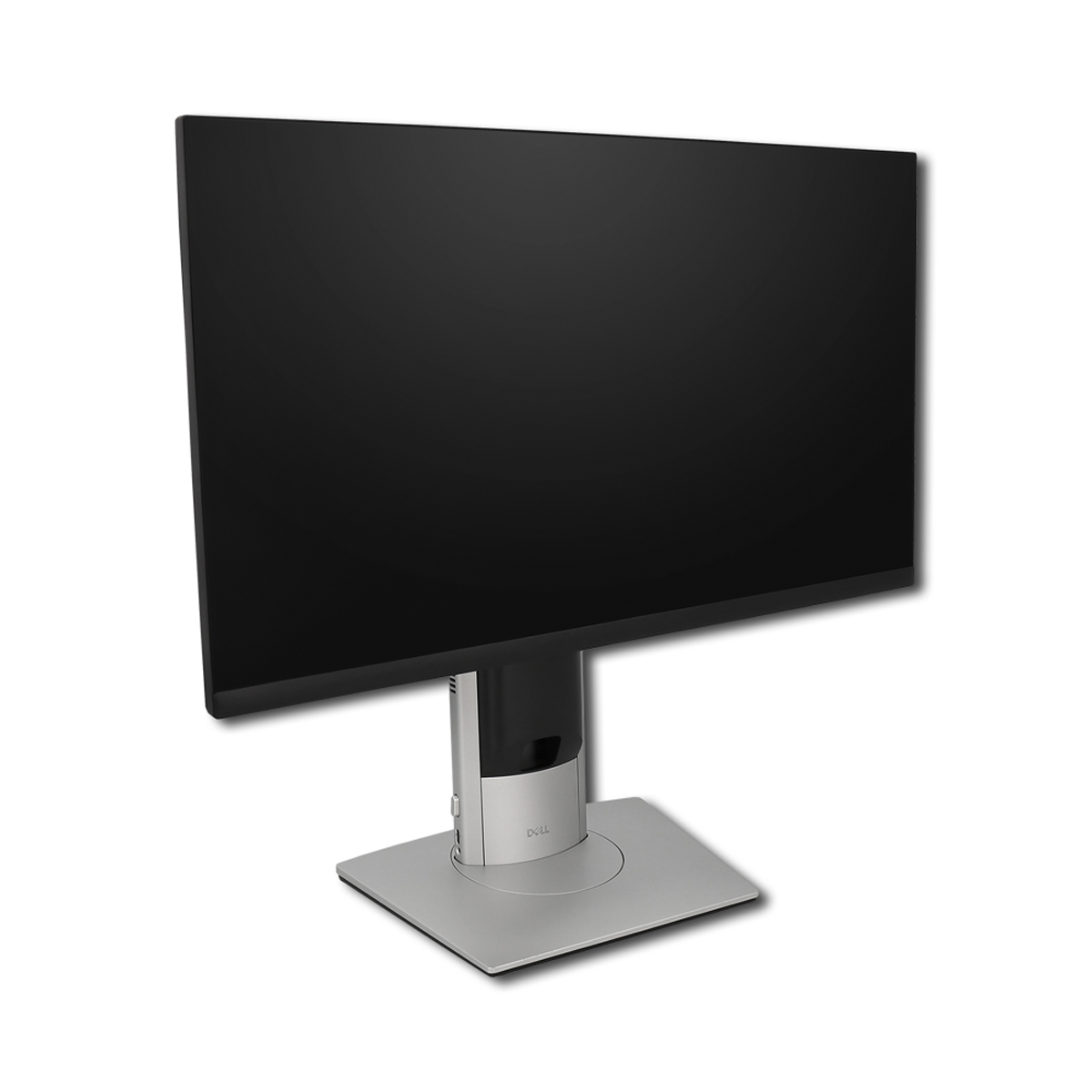 Un monitor Dell nero su un supporto argentato su sfondo bianco.