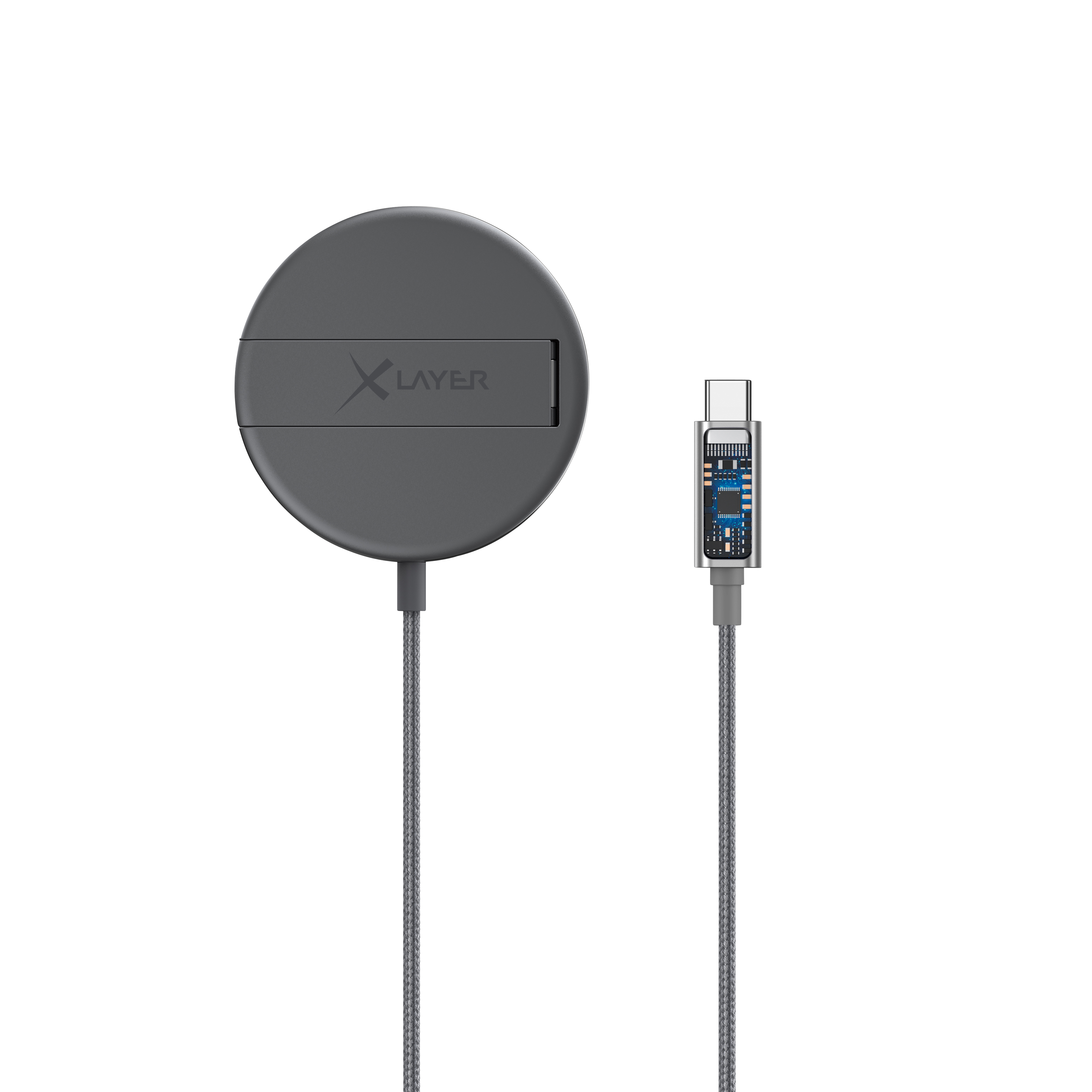 Grauer runder Ladeadapter mit "X LAYER" Logo und USB-C-Kabel.