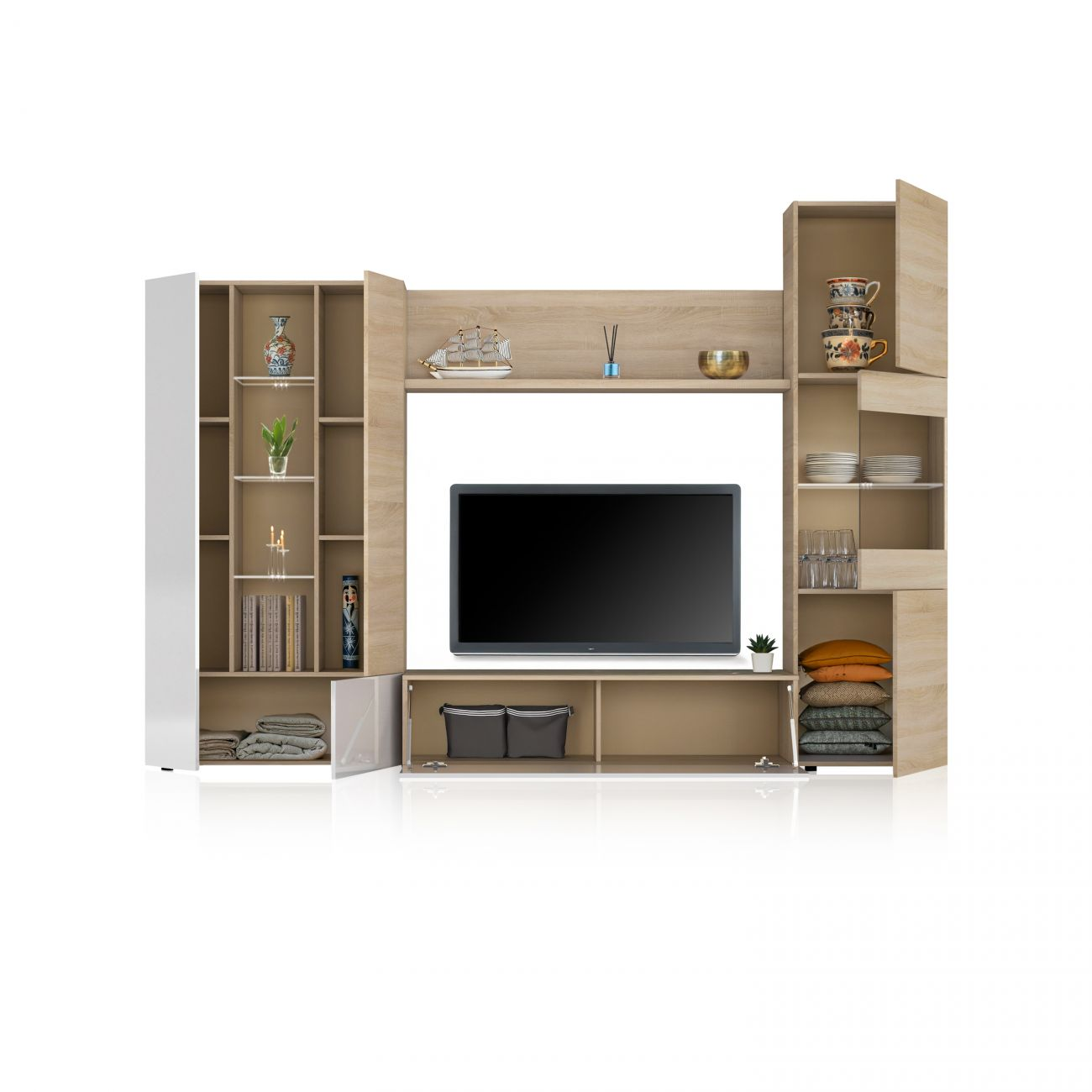 Mueble de salón moderno con TV, libros, jarrones y cojines.