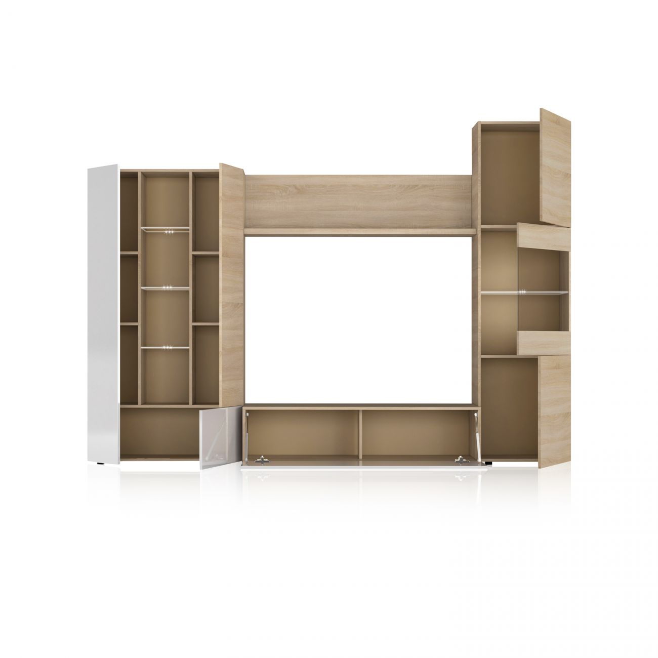 Un moderno sistema de estanterías de pared en blanco y efecto madera con numerosos compartimentos.