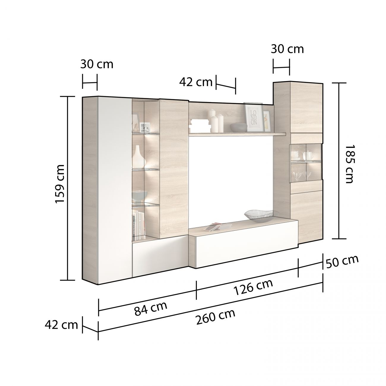 Un mueble de salón con dimensiones y compartimentos.
