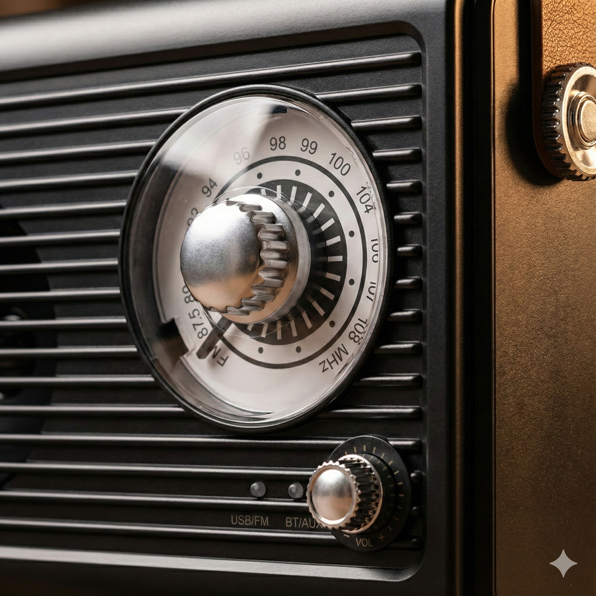 Czarno-złote radio z srebrną tarczą strojenia i gałkami.