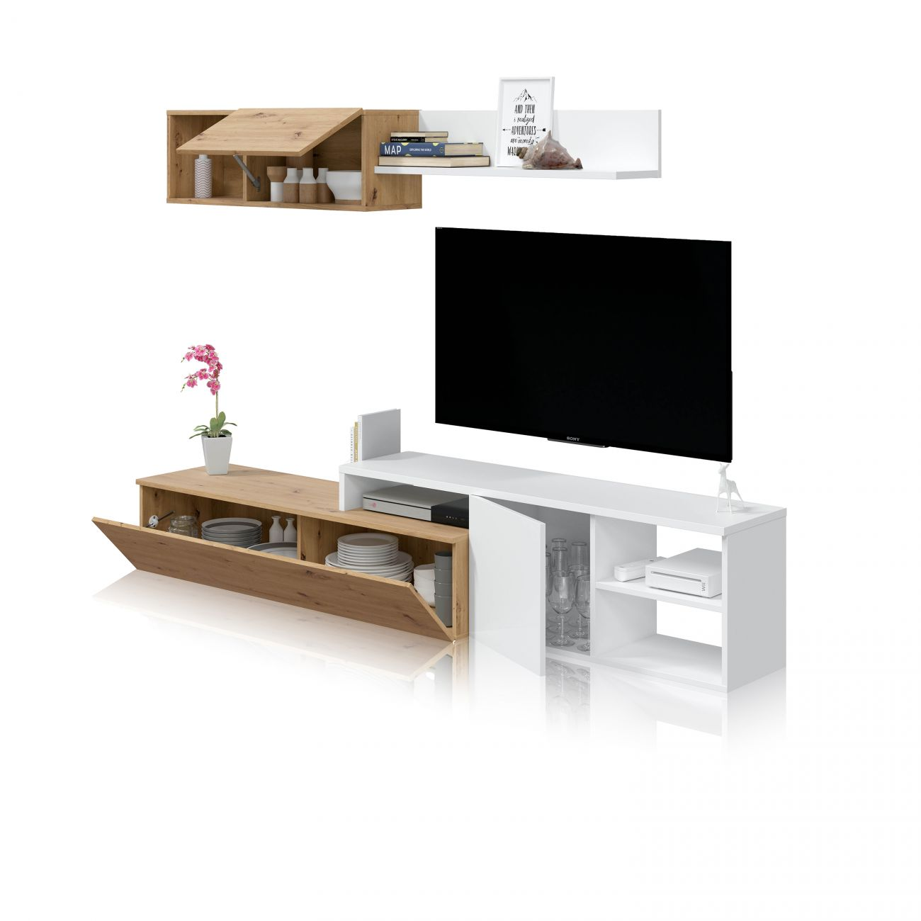 Un mueble de TV de madera y blanco con unidades de almacenamiento abiertas y cerradas.