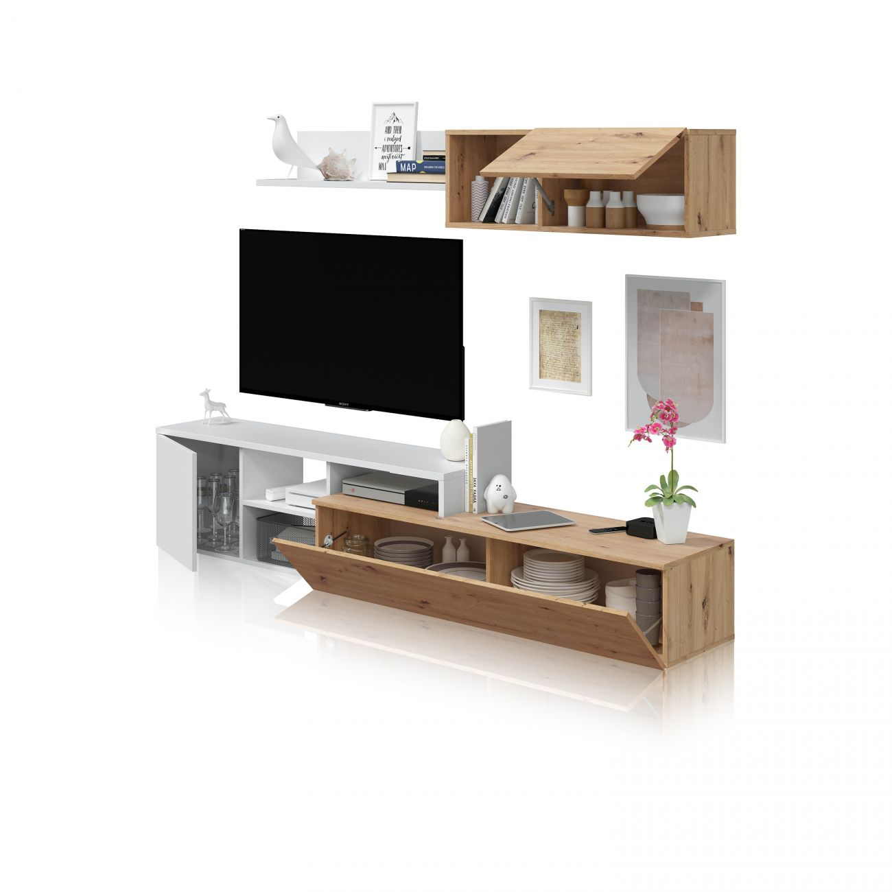 Mueble de TV moderno con estante de pared, decoraciones y televisor.