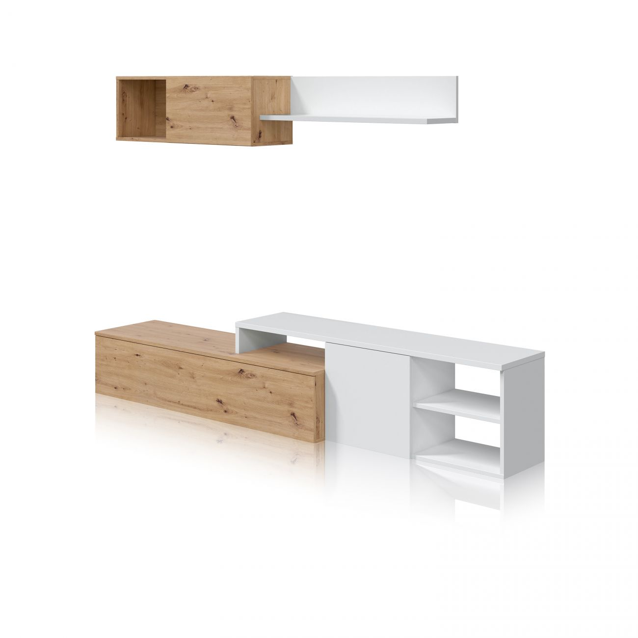 Una estantería de pared y un mueble de TV, madera y blanco.