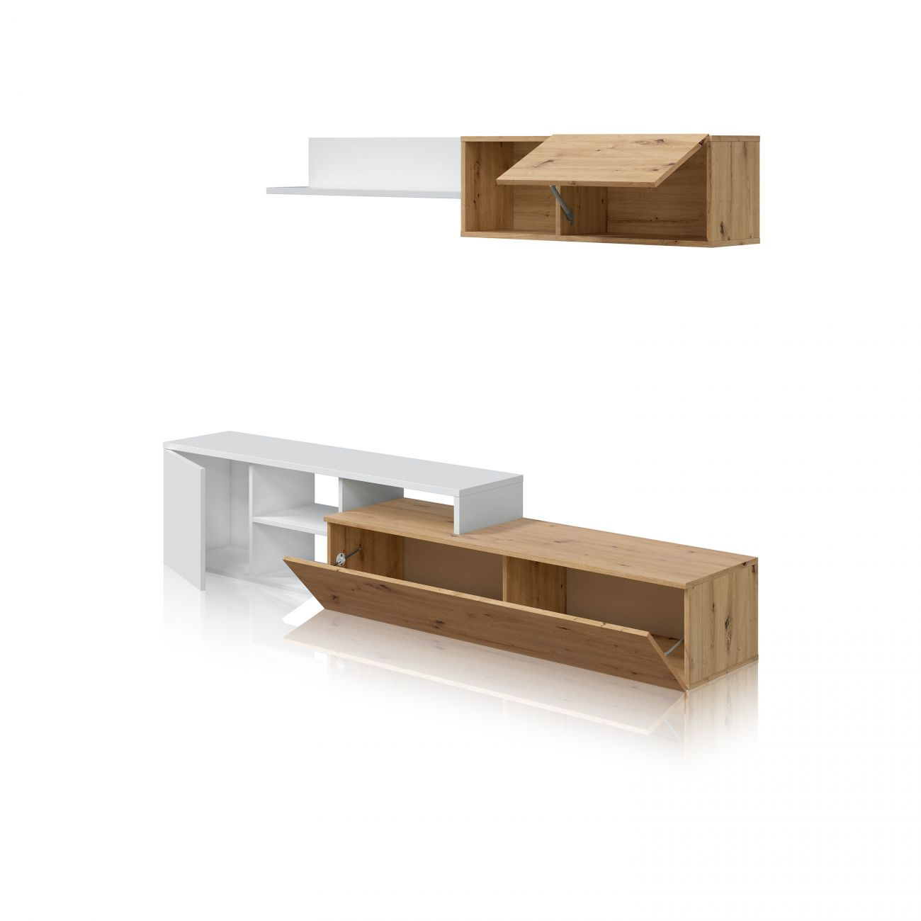 Un estante de pared con puerta abatible de madera y un mueble de TV largo con frentes de madera.
