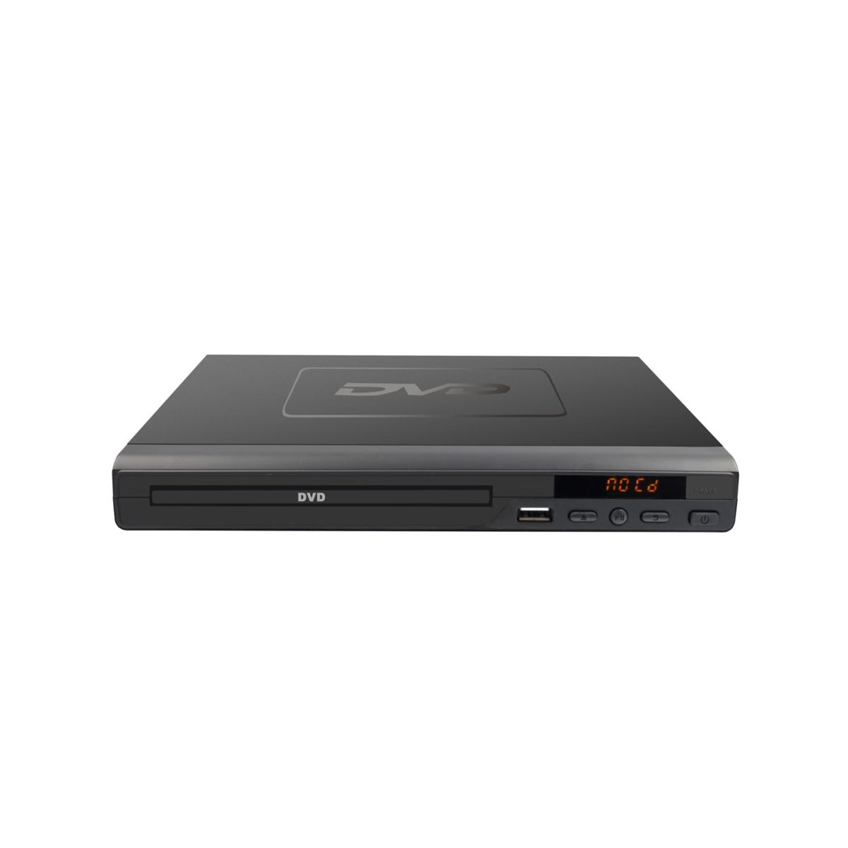 Schwarzer DVD-Player mit USB-Anschluss und orangefarbenem Display.