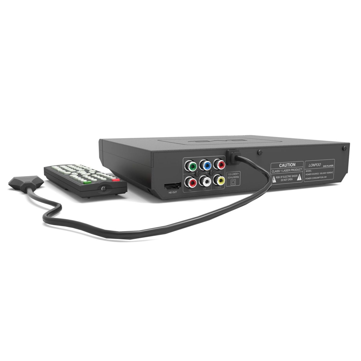 Rückseite eines DVD-Players mit Fernbedienung und Kabeln.