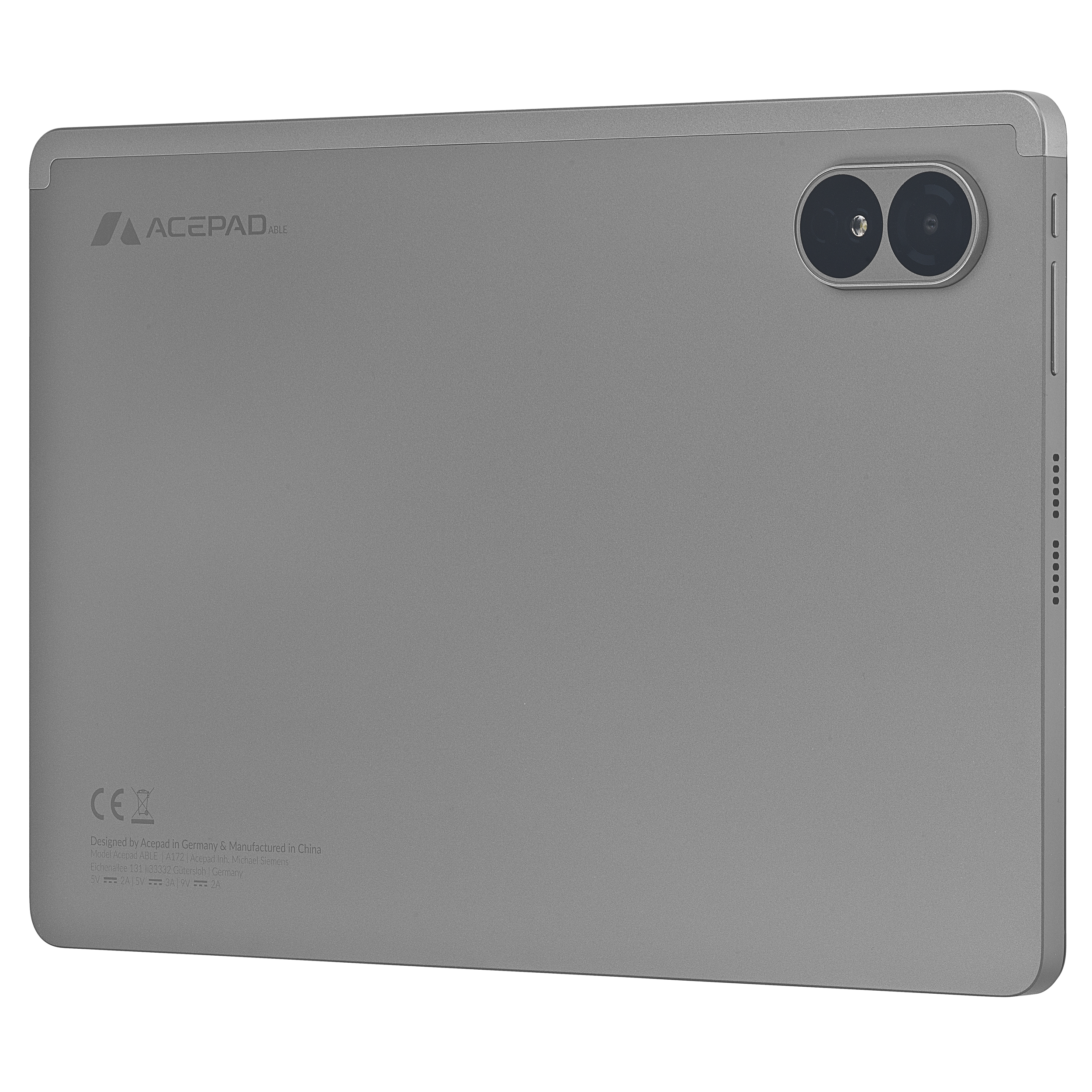 Rückseite eines grauen Tablets mit Dual-Kamera und CE-Zeichen.