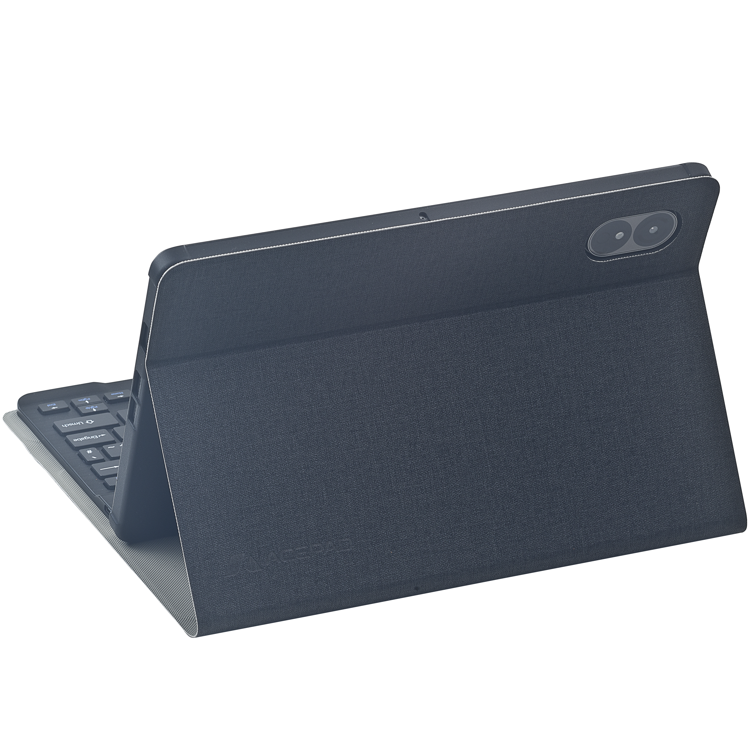 Dunkelgraues Tablet mit Tastaturhülle, Kamera auf der Rückseite.