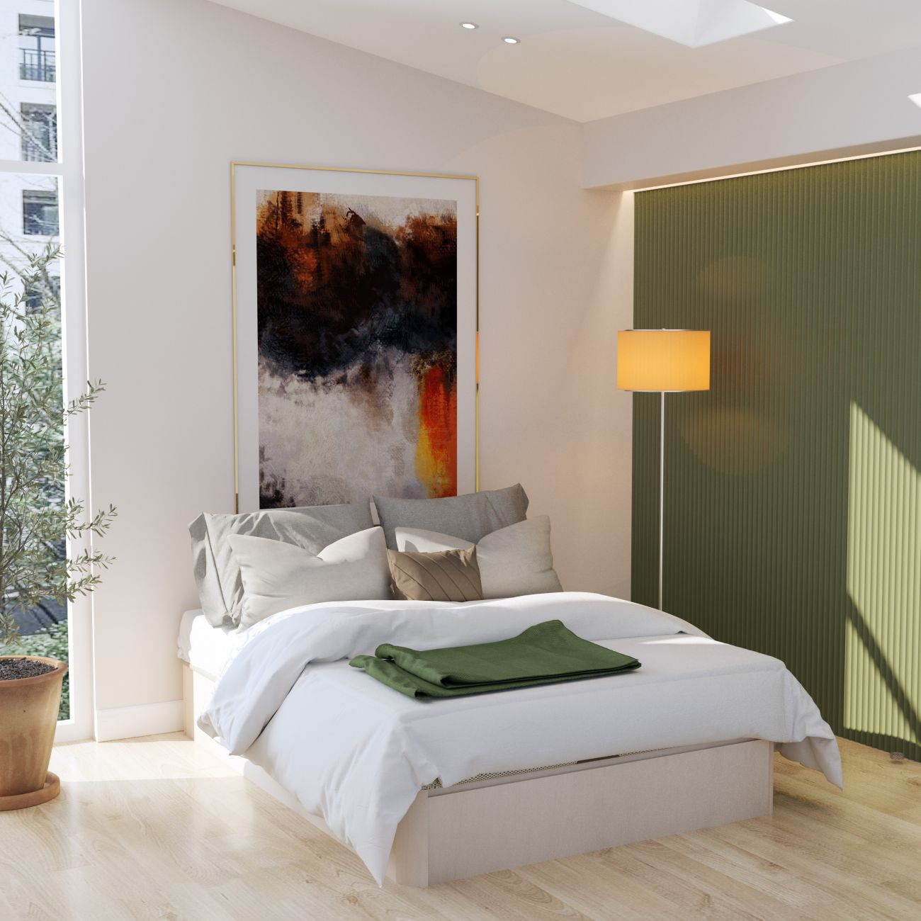 Dormitorio moderno con cama, obra de arte y lámpara de pie.