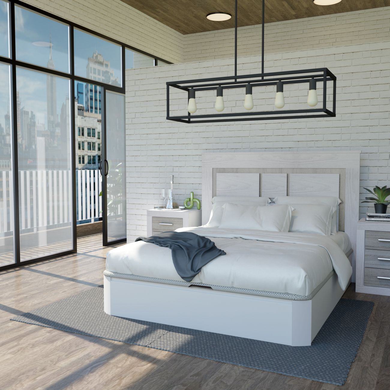 Dormitorio moderno con cama grande, pared de ladrillo blanco y vistas a la ciudad.