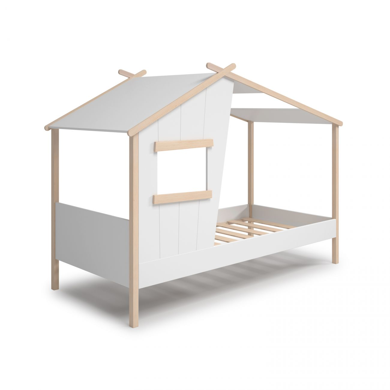 Una cama infantil blanca con forma de casa, marco y techo de madera.