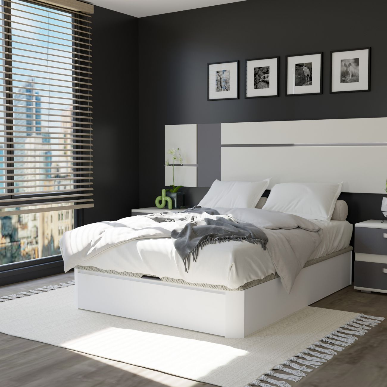 Dormitorio moderno con cama blanca, paredes oscuras y vista a la ciudad.