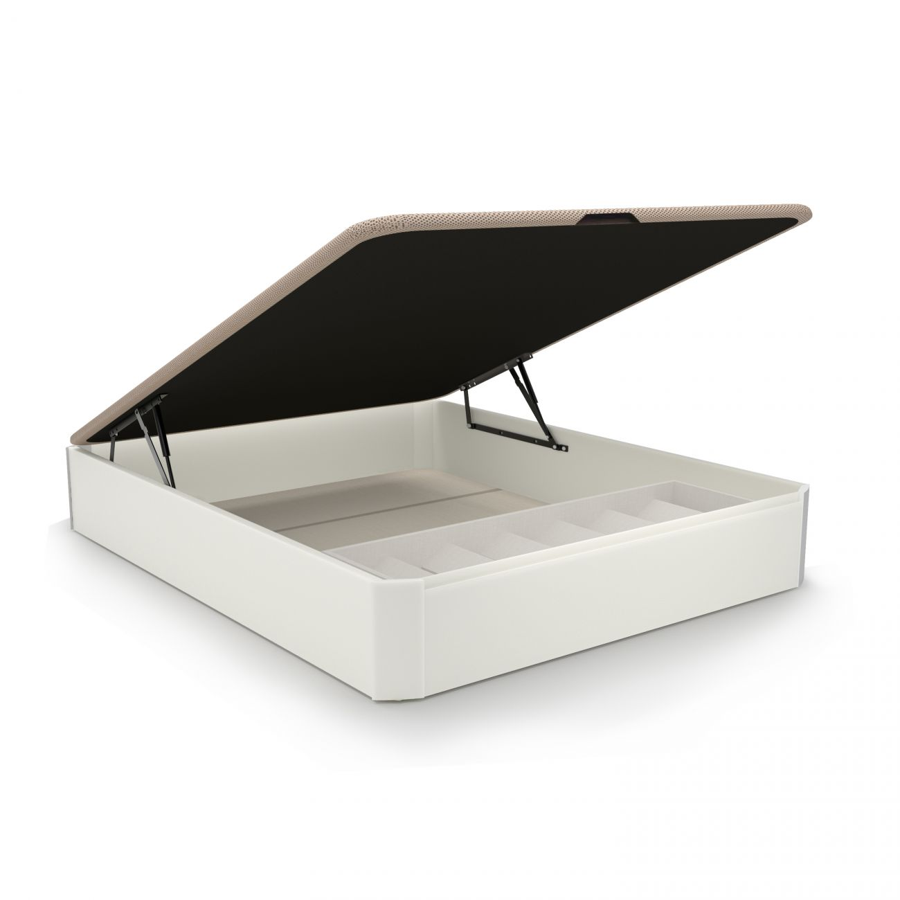 Base de cama blanca con tapa abierta, mostrando resortes de gas y compartimentos.