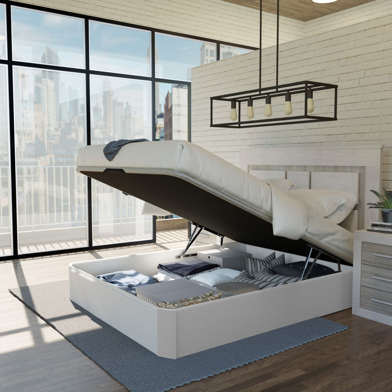 Dormitorio moderno con cama de almacenamiento abierta y vista.