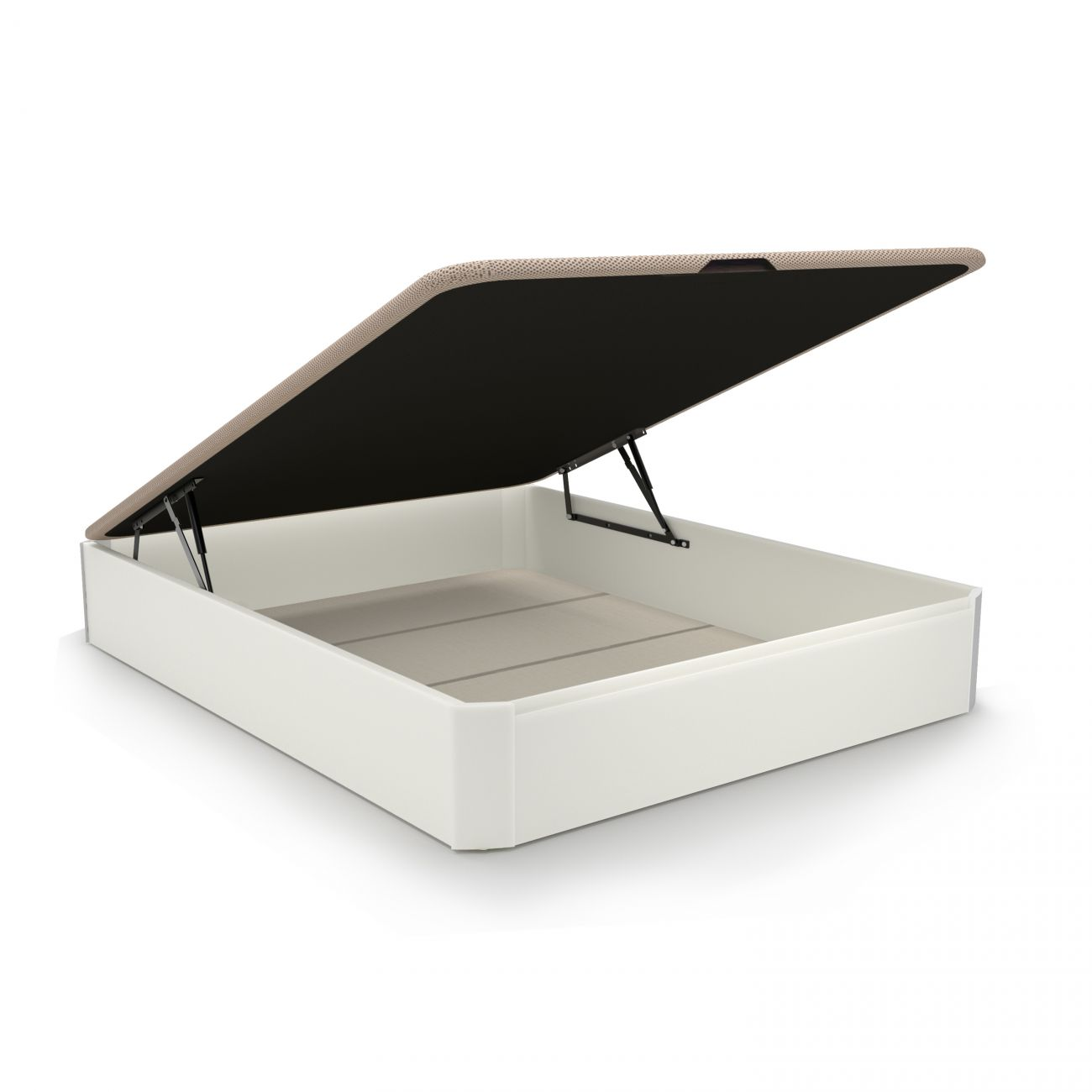 Una base de cama blanca abierta con tapa beige/negra y puntales metálicos.