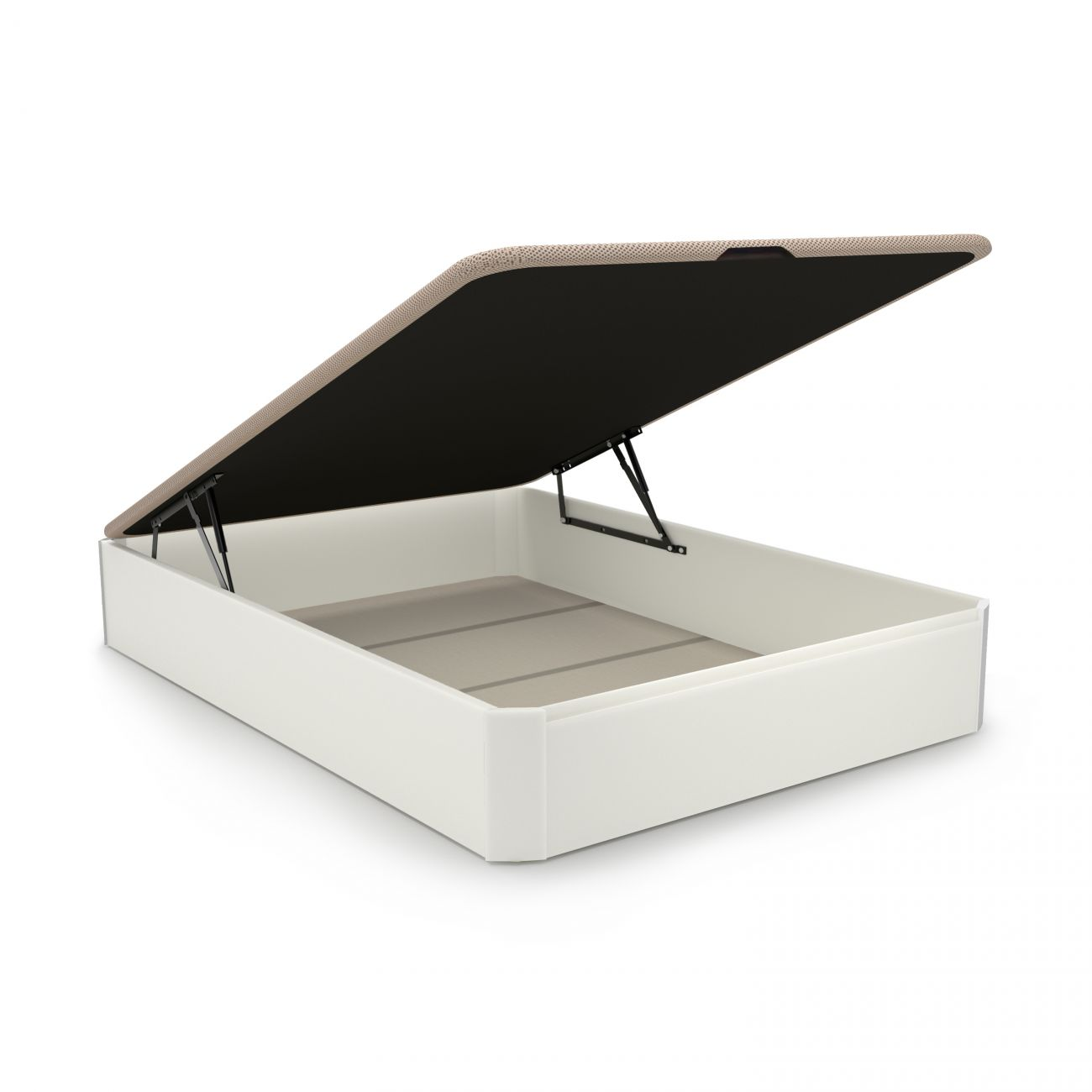Base de cama otomana blanca con tapa abierta, mostrando espacio de almacenamiento.