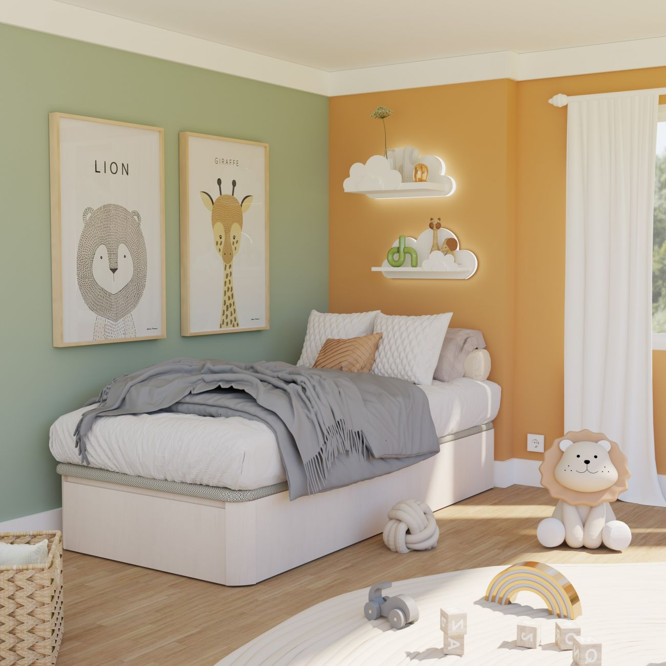 Habitación infantil con cama, cuadros de león y jirafa, y estantes nube.
