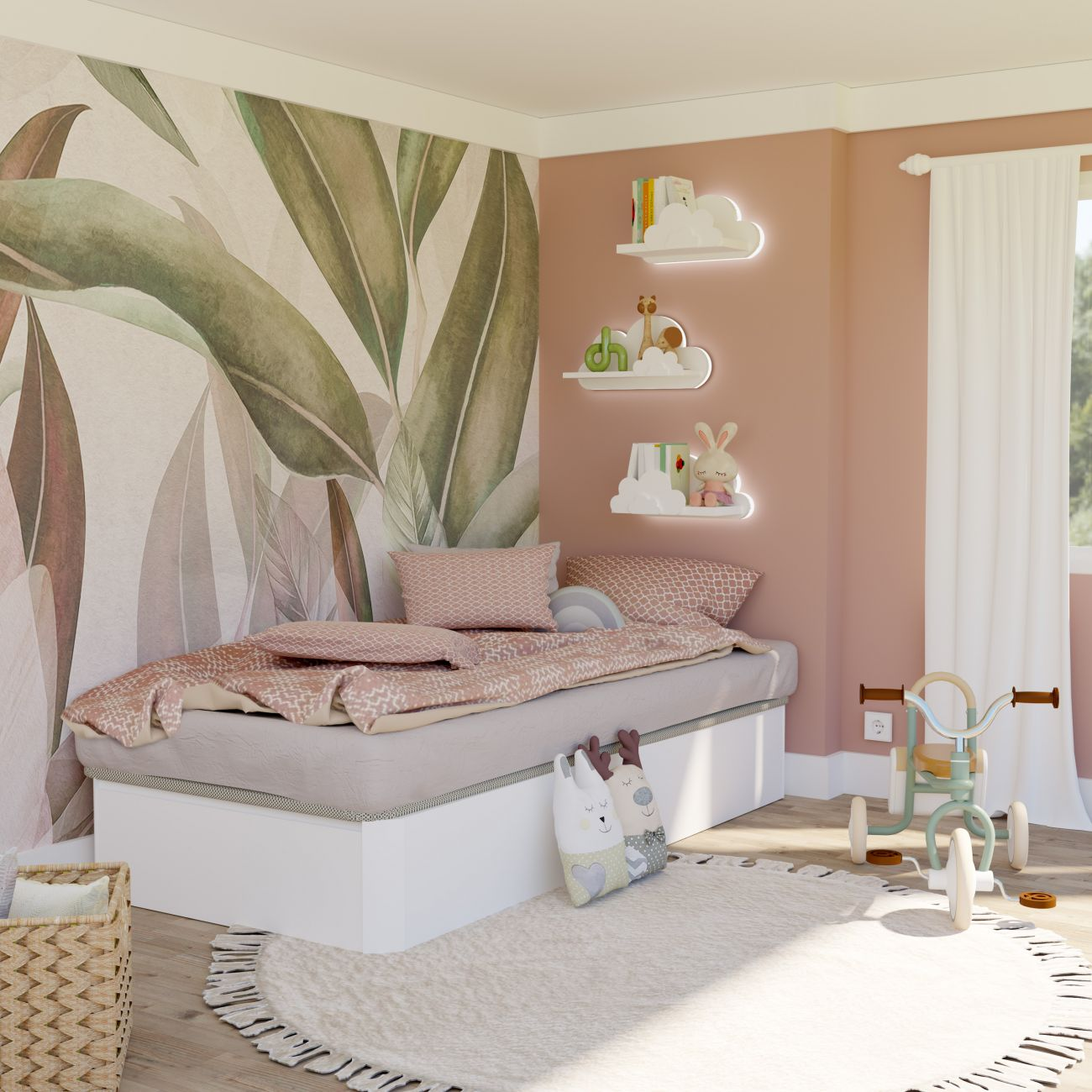 Habitación infantil con cama, juguetes y papel tapiz de jungla.