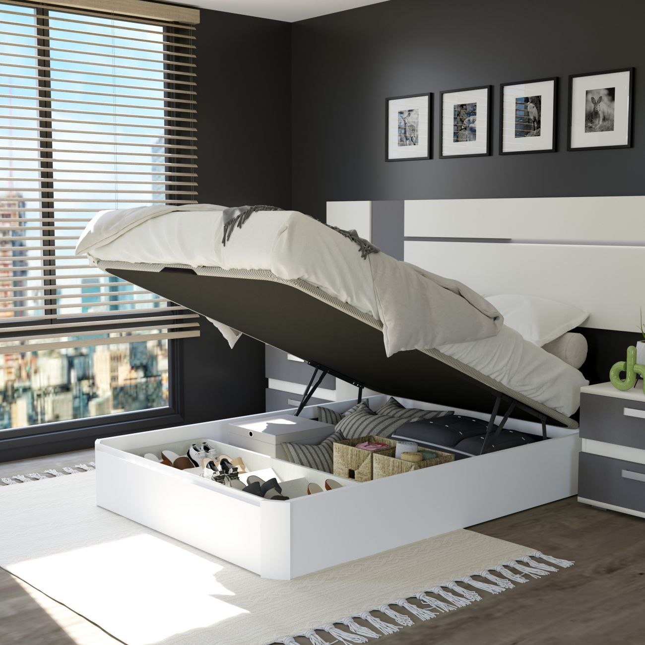 Dormitorio moderno con cama de almacenamiento abierta, zapatos, cojines y vistas a la ciudad.