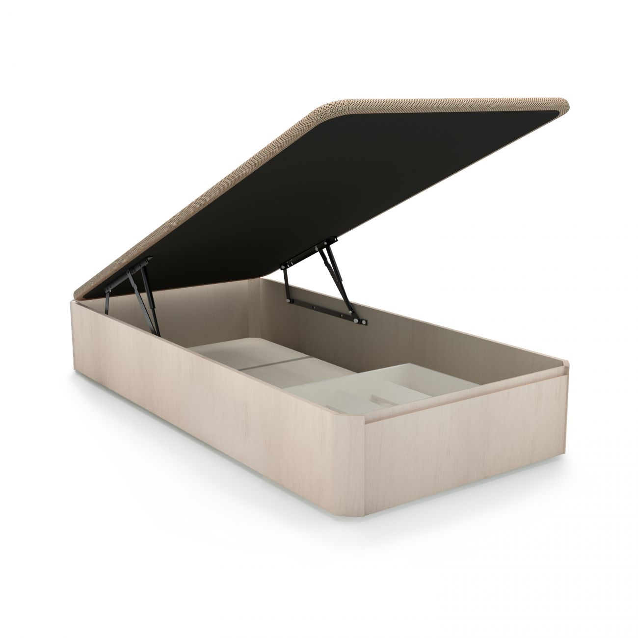 Base de cama abierta con ribete de madera y resortes de gas.