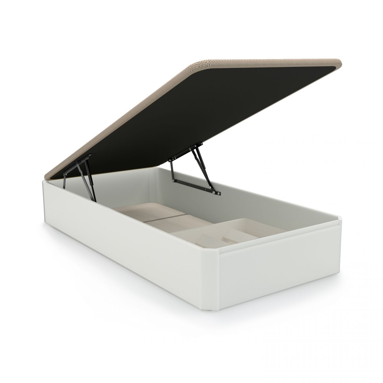 Base de cama baúl blanca, tapa abierta con soportes plateados. Interior vacío.