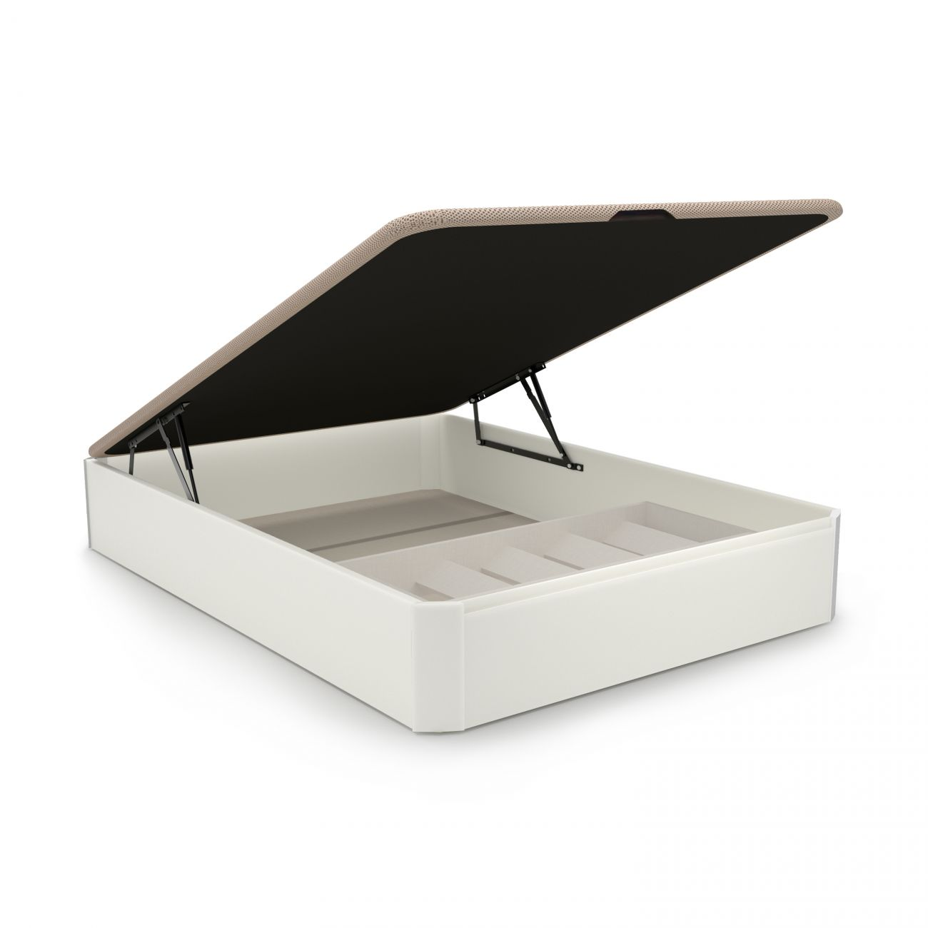 Arcón de cama blanco abierto con tapa beige-negra y amortiguadores de gas.
