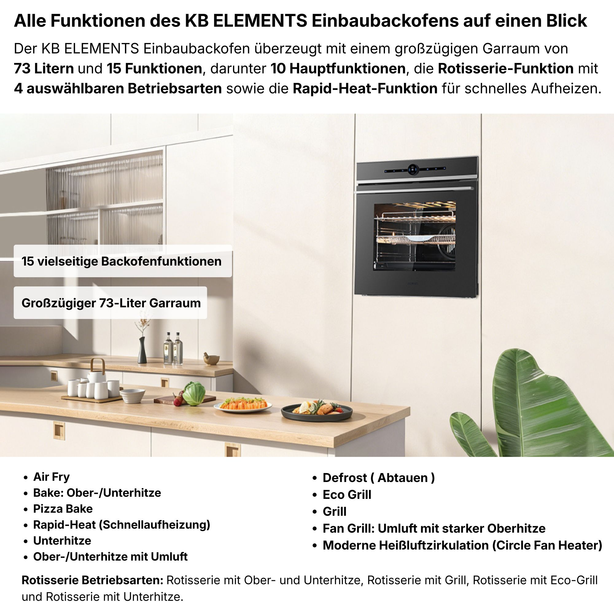Einbauofen mit 73L Garraum, 15 Funktionen, darunter Air Fry und Grill.