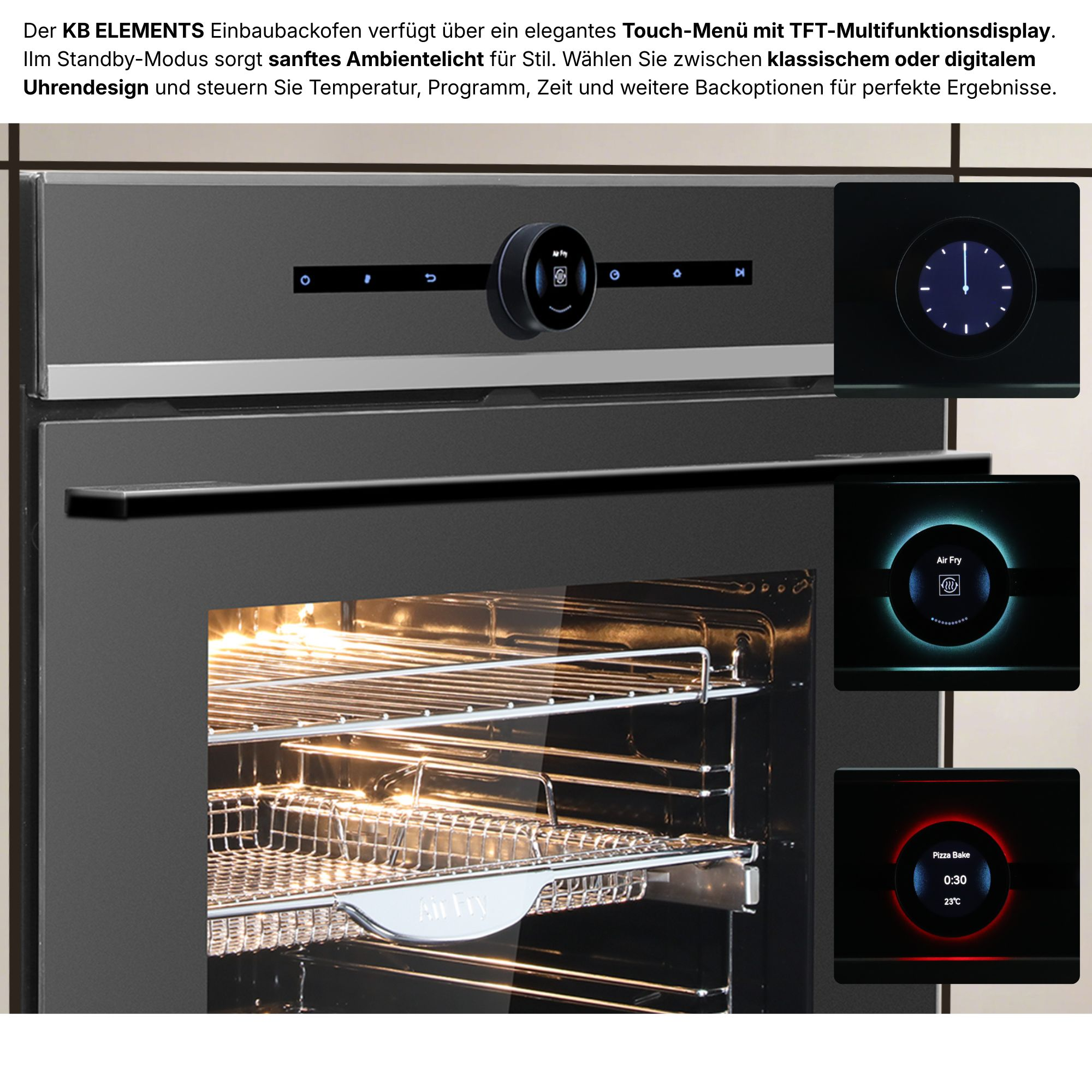 Moderner Einbaubackofen mit Touch-Menü, TFT-Display und digitalen Uhren.